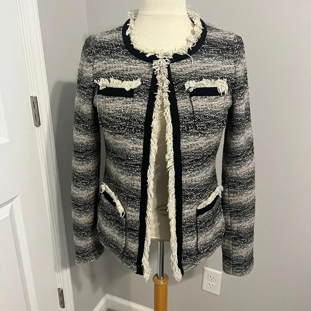 Cynthia Rowley Black/Grey/Pink Fringed Striped Blazer Sz M